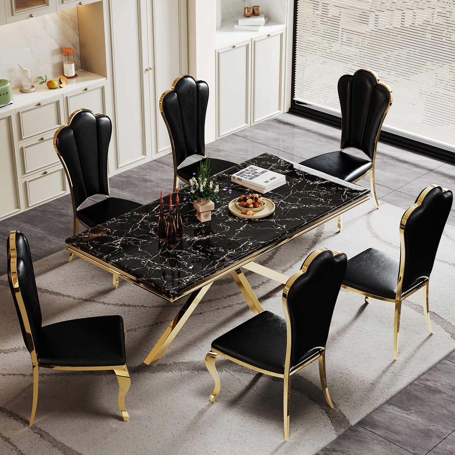 SSLine 70" Rectangle Faux Marble Kitchen Table for 6 People (Chairs Not Included)