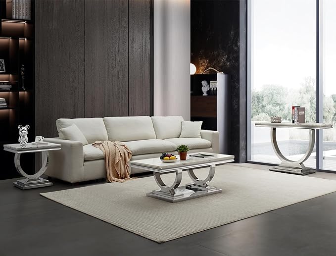 SSLine 46.8" U-Shape Modern White Faux Marble Console Table