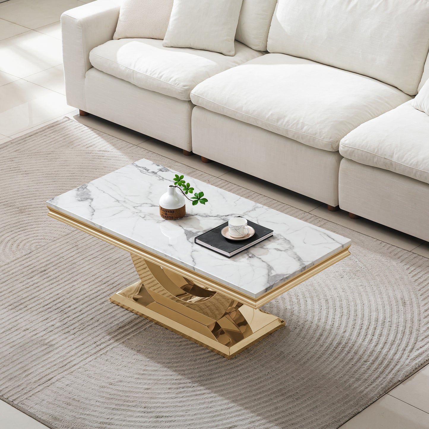 SSLine U Shape Modern 46.8" Rectangular Faux Marble Coffee Table