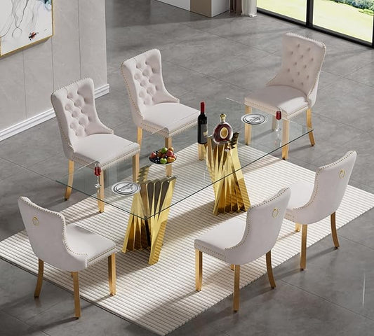 SSLine Modern 70" Large Rectangular Dining Room Table with 6 Beige Tufted Chairs Set