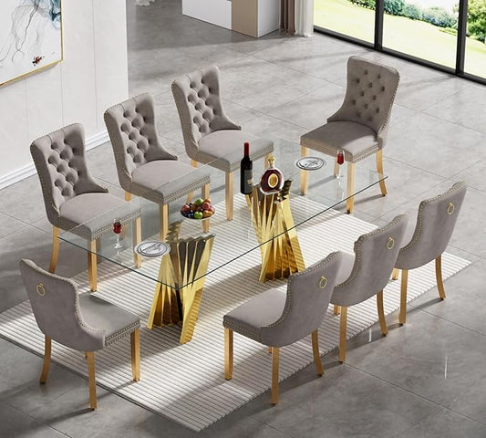 SSLine Modern 70" Dining Table with 8 Grey Tufted Chairs