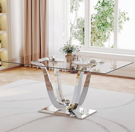 SSLine 70" Rectangle Clear Glass Dining Table With Double U Shape Legs  (Chairs Not Included)