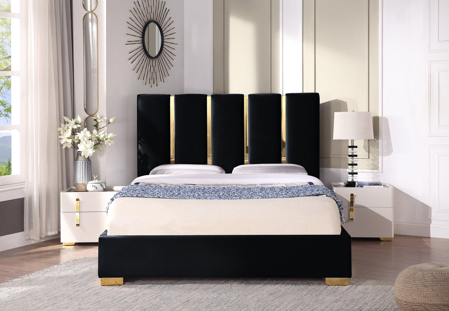 SSline King Size Modern Velvet Upholstered Bed with Headboard