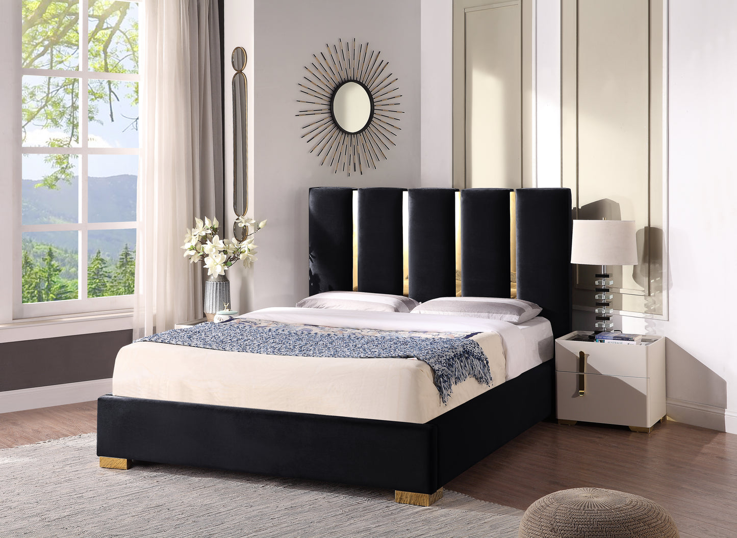 SSline King Size Modern Velvet Upholstered Bed with Headboard