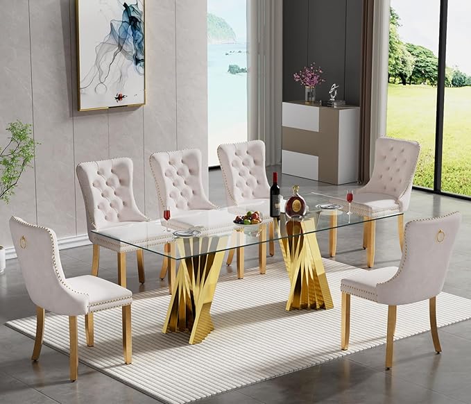 SSLine Modern 70" Large Rectangular Dining Room Table with 6 Beige Tufted Chairs Set