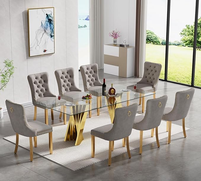 SSLine Modern 70" Dining Table with 8 Grey Tufted Chairs