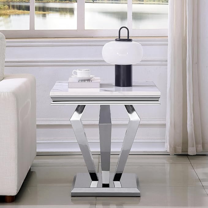 SSLine Square Diamond Shape Modern White Faux Marble End Table