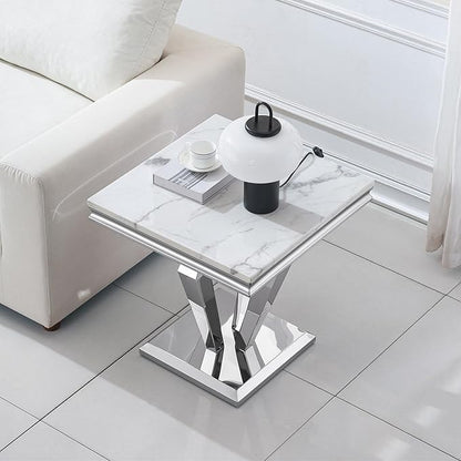 SSLine Square Diamond Shape Modern White Faux Marble End Table