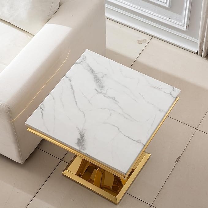 SSLine Square Diamond Shape Modern White Faux Marble End Table