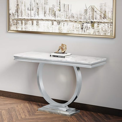 SSLine 46.8" U-Shape Modern White Faux Marble Console Table