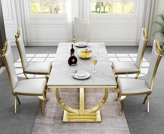 SSLine 70" Rectangle Faux Marble Kitchen Table for 6 People (Chairs Not Included)