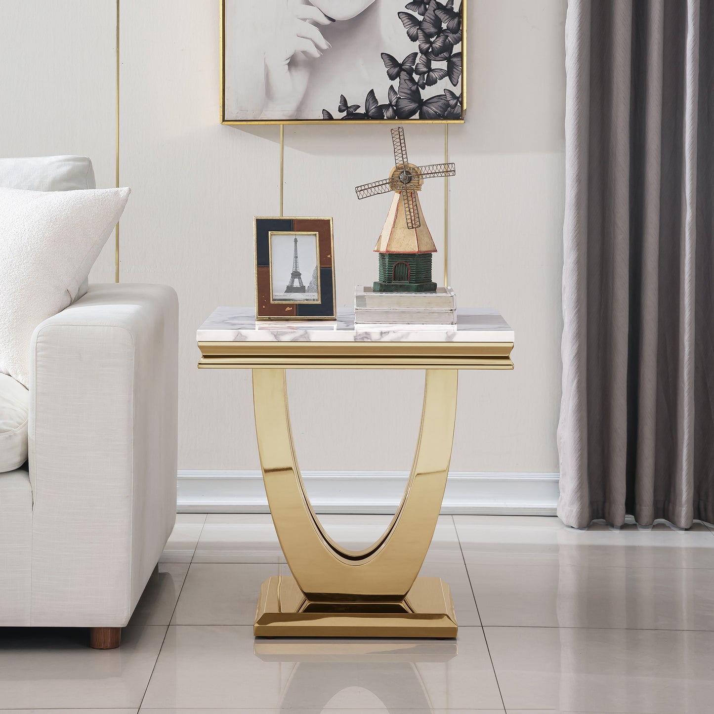 SSLine U-Shape Modern Elegant Square Faux Marble End Table