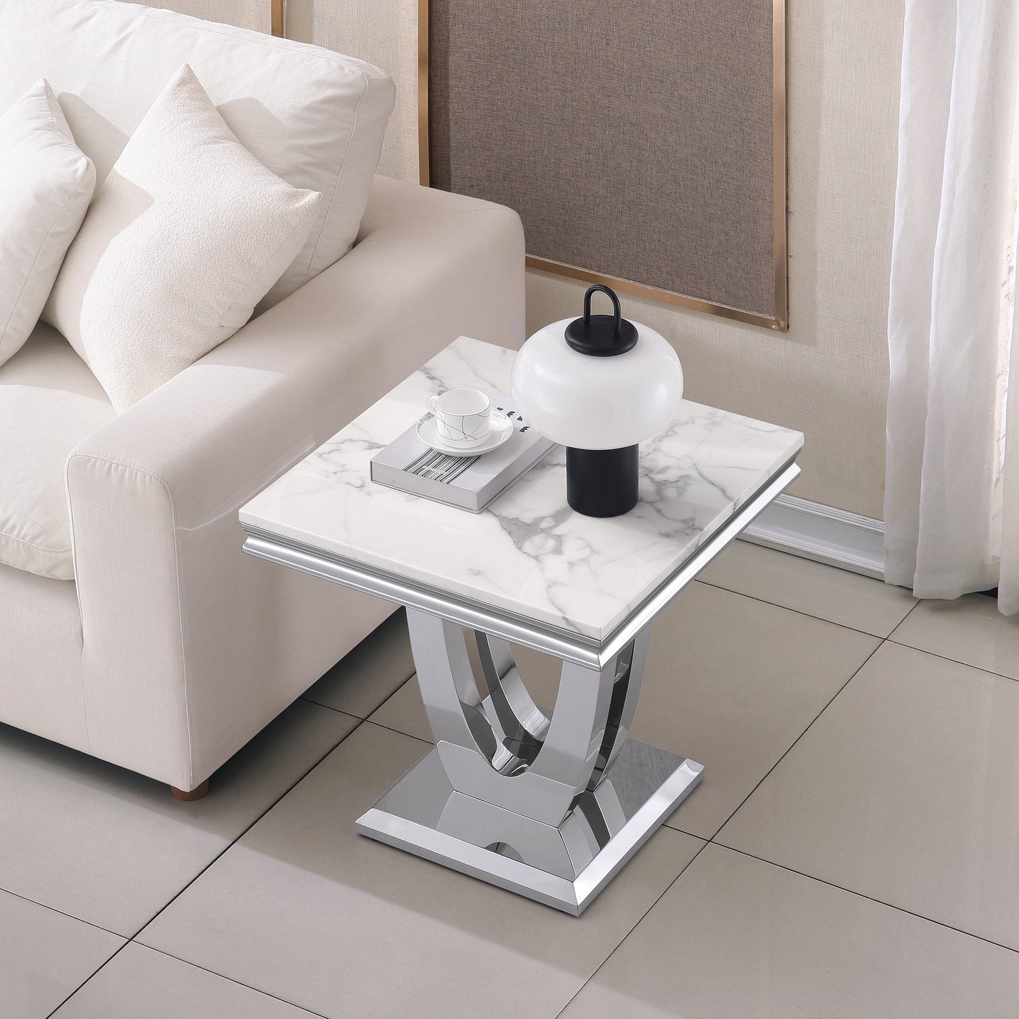 SSLine U-Shape Modern Elegant Square Faux Marble End Table