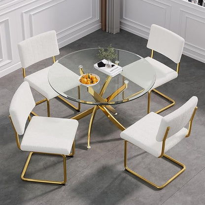 SSLine 36" Round Glass Kitchen Table with 4 PU Leather Dining Chairs Set