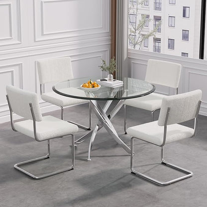 SSLine 36" Round Glass Kitchen Table with 4 PU Leather Dining Chairs Set